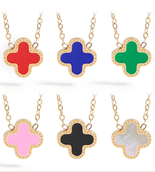 18K Gold Plated Stainless Lucky Clover Charm Necklace (Waterproof and Tarnish Free) with enamel fill on a dainty chain.