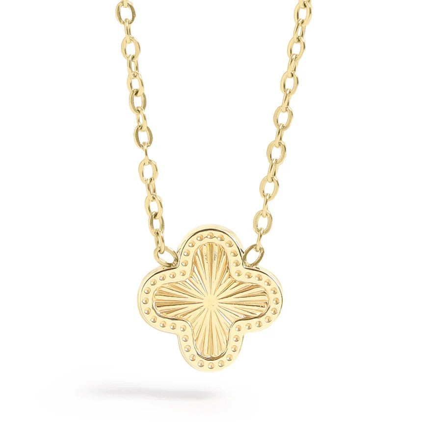 18K Gold Plated Stainless Lucky Clover Charm Necklace (Waterproof and Tarnish Free) with enamel fill on a dainty chain.