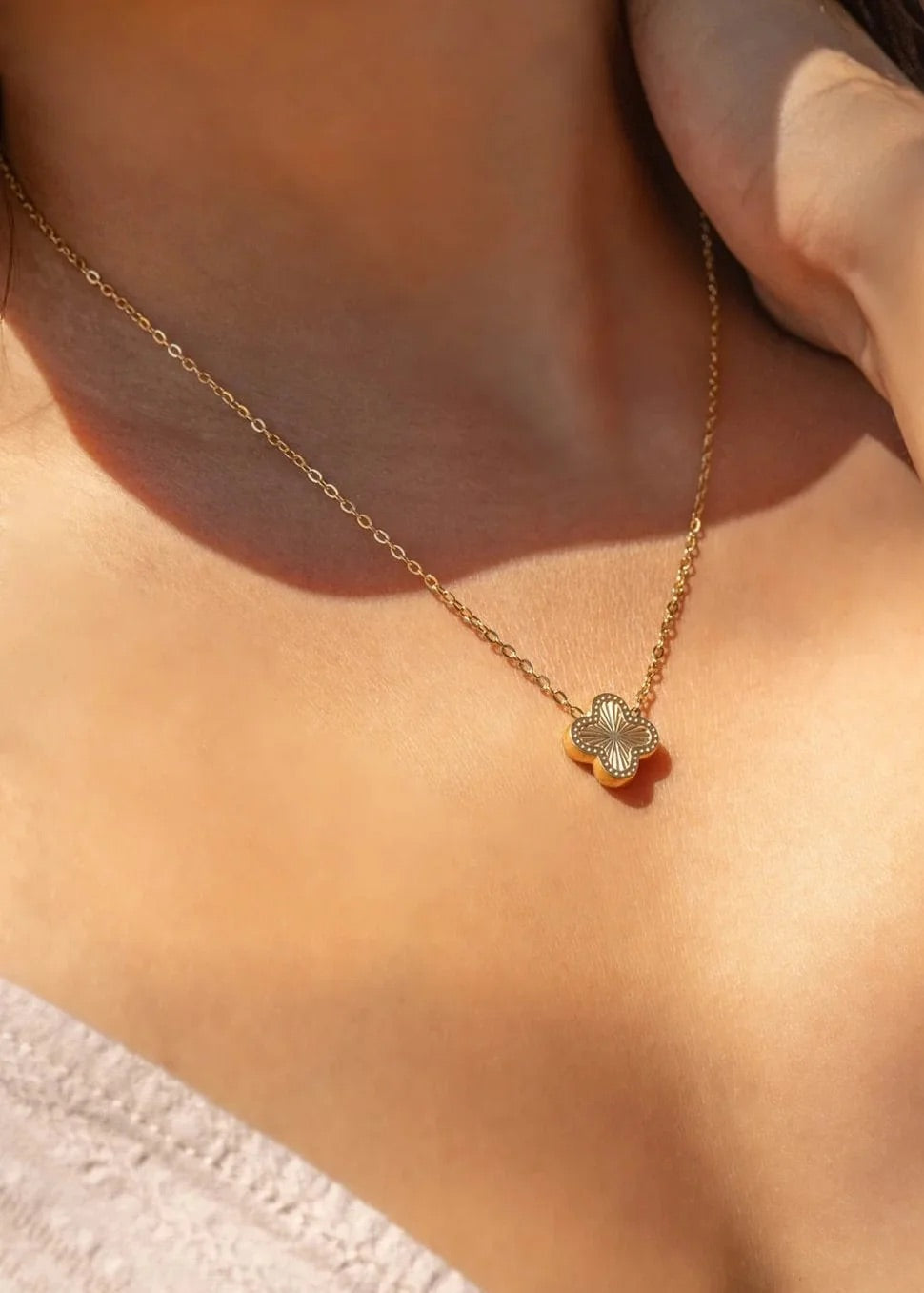 18K Gold Plated Stainless Lucky Clover Charm Necklace (Waterproof and Tarnish Free) with enamel fill on a dainty chain.