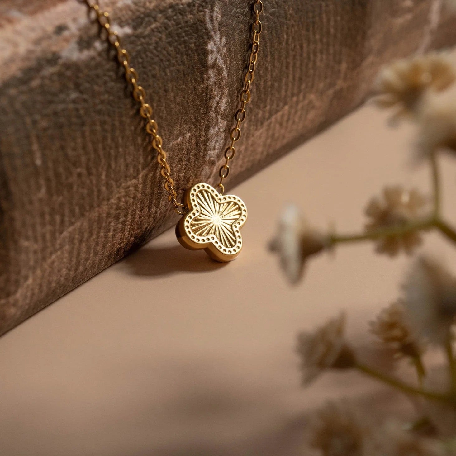 18K Gold Plated Stainless Lucky Clover Charm Necklace (Waterproof and Tarnish Free) with enamel fill on a dainty chain.
