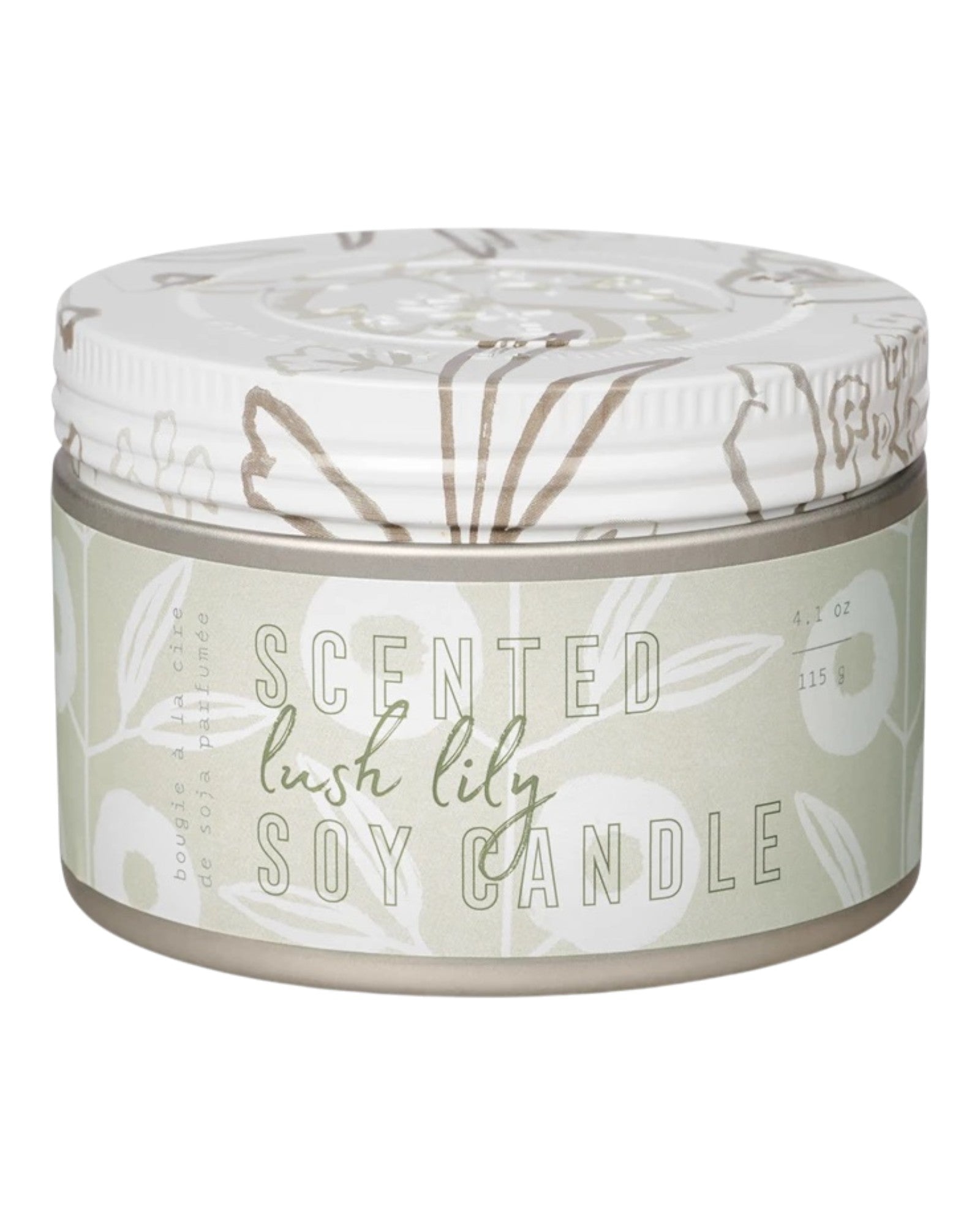 Scented lush lily soy candle with floral design on the lid and container.