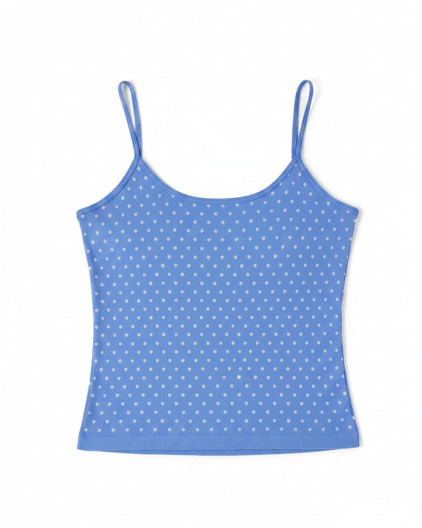Stretchy polka dot cami tank top in Marina Blue. 
