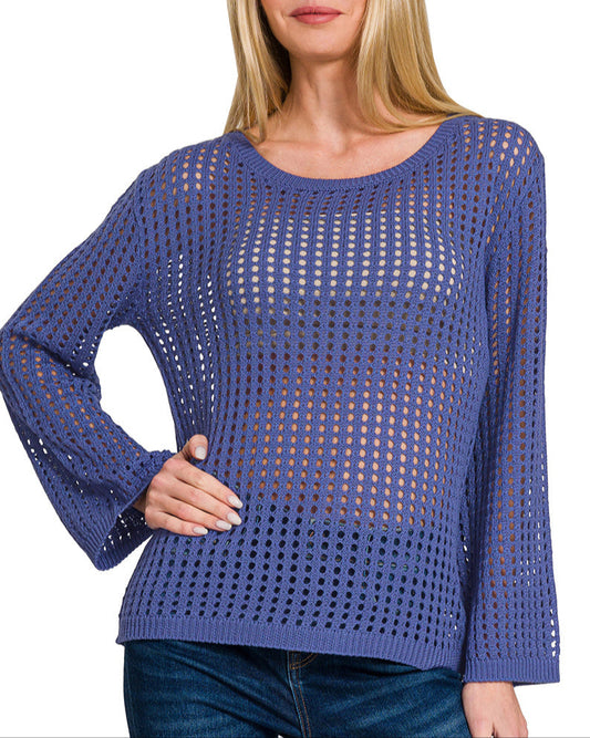 Long Sleeve Marlin Blue Open Knit Sweater 
