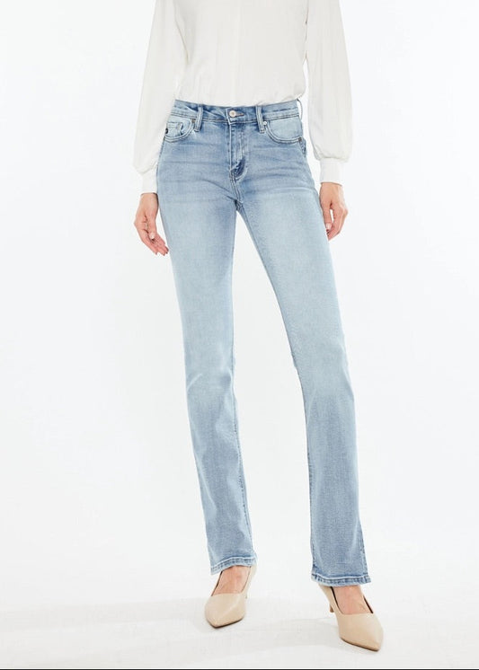 Kan Can Mid-Rise Split Hem Medium Wash Bootcut Jeans with flattering fit and side slit hem.
