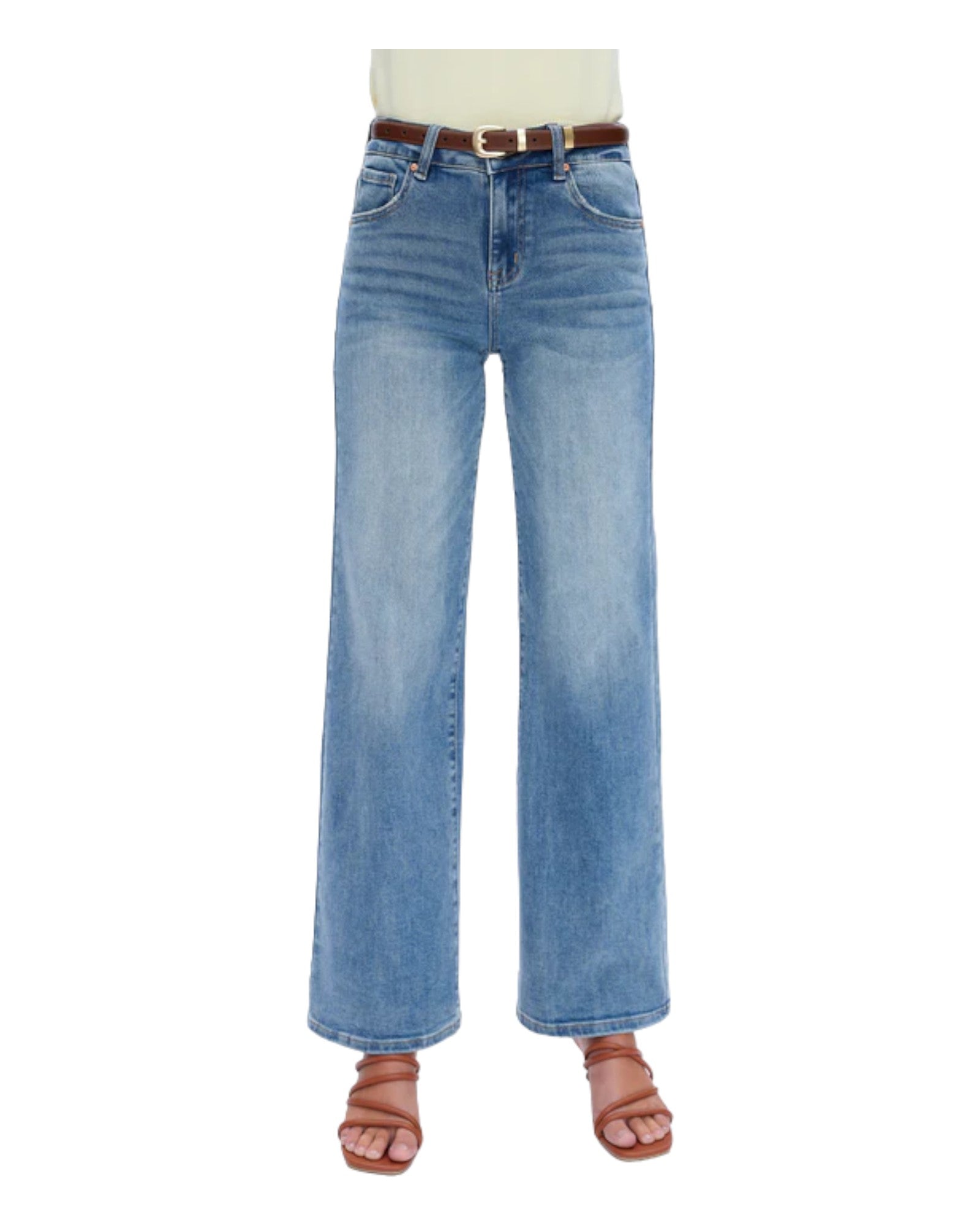 Mid-Rise Super Stretch Wide Leg Jeans in Medium Blue.