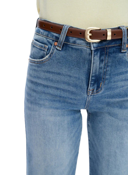 Mid-Rise Super Stretch Wide Leg Jeans in Medium Blue.