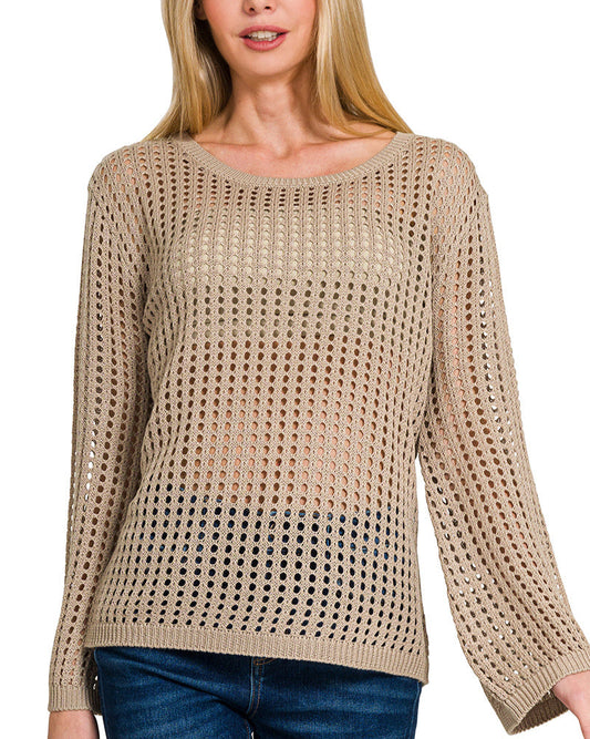 Lt. Mocha open knit long sleeve sweater with breathable texture and relaxed, chic fit.