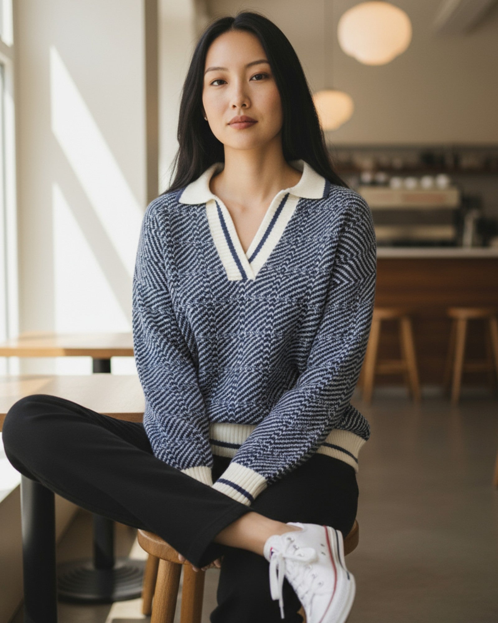 Varsity Navy Collared Knit Sweater in navy and ivory with geometric pattern and contrast trim with stripe.