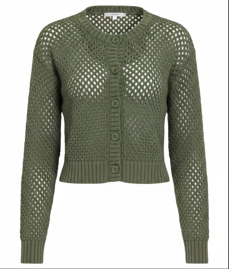 An olive green open-knit cropped cardigan sweater with a buttoned front placket, displayed on a clean white background.