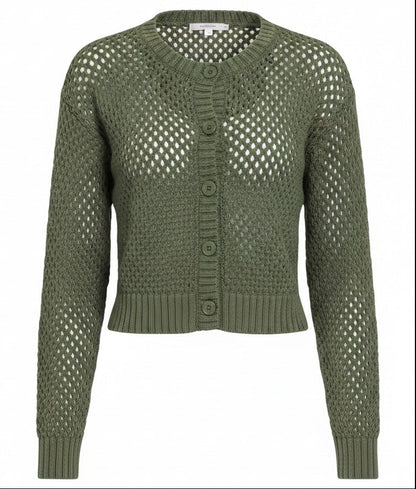 An olive green open-knit cropped cardigan sweater with a buttoned front placket, displayed on a clean white background.