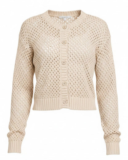 A cropped, long-sleeve knit cardigan in a light beige or cream color, featuring a textured openwork pattern and a button-up front, shown against a plain white background.