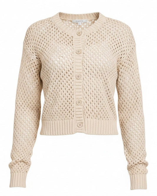A cropped, long-sleeve knit cardigan in a light beige or cream color, featuring a textured openwork pattern and a button-up front, shown against a plain white background.
