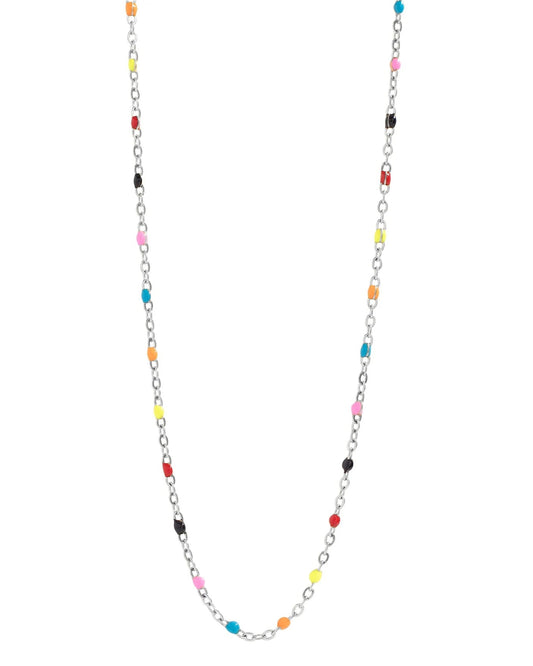 Silver necklace with colorful beads on a white background.