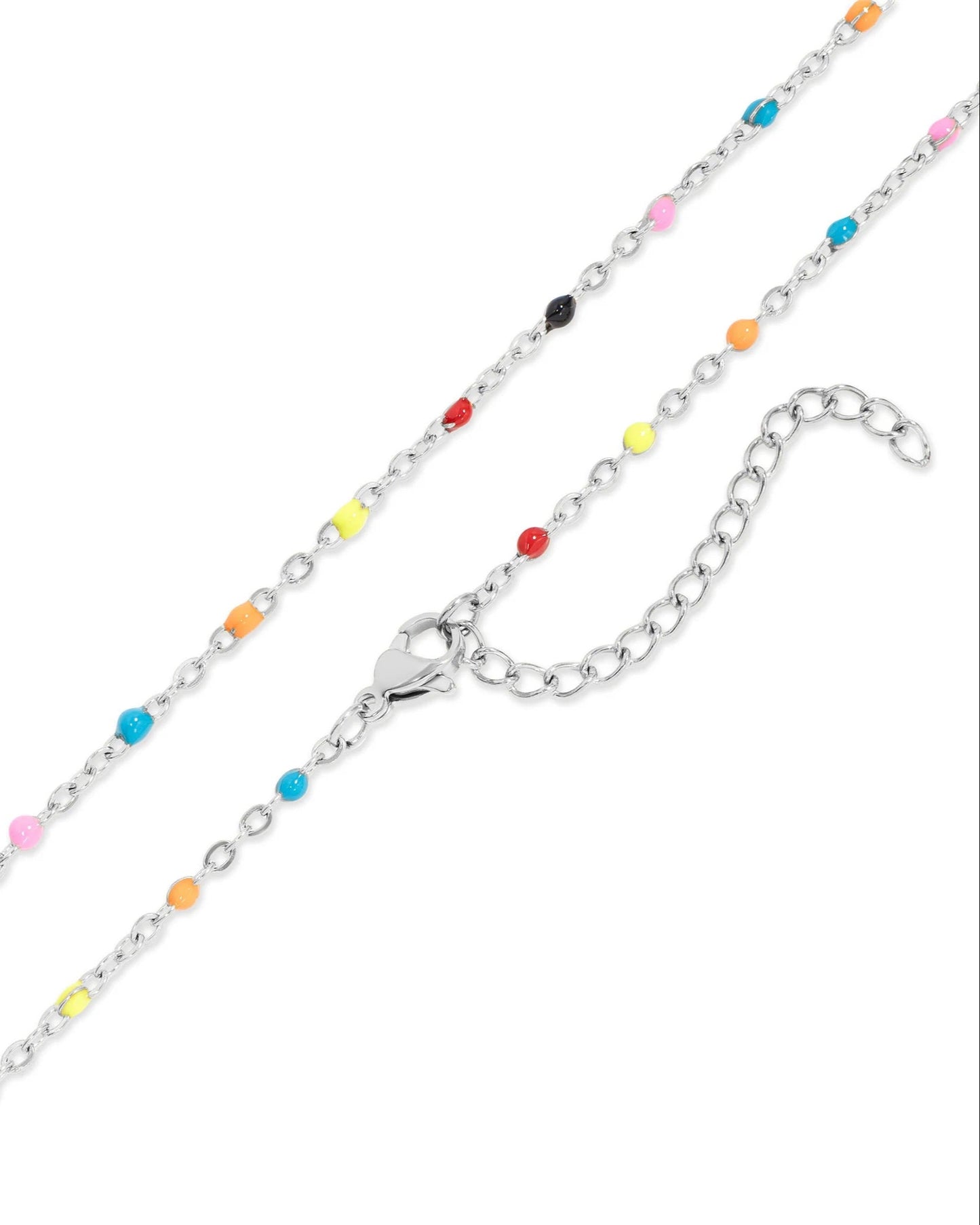 Silver chain necklace with colorful beads on a white background.