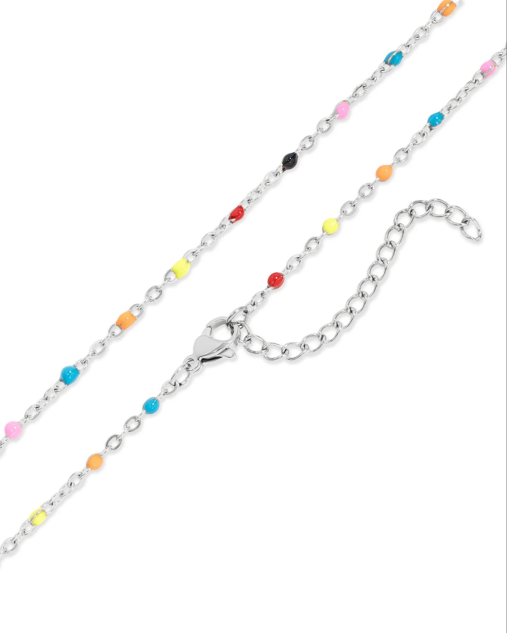 Silver chain necklace with colorful beads on a white background.
