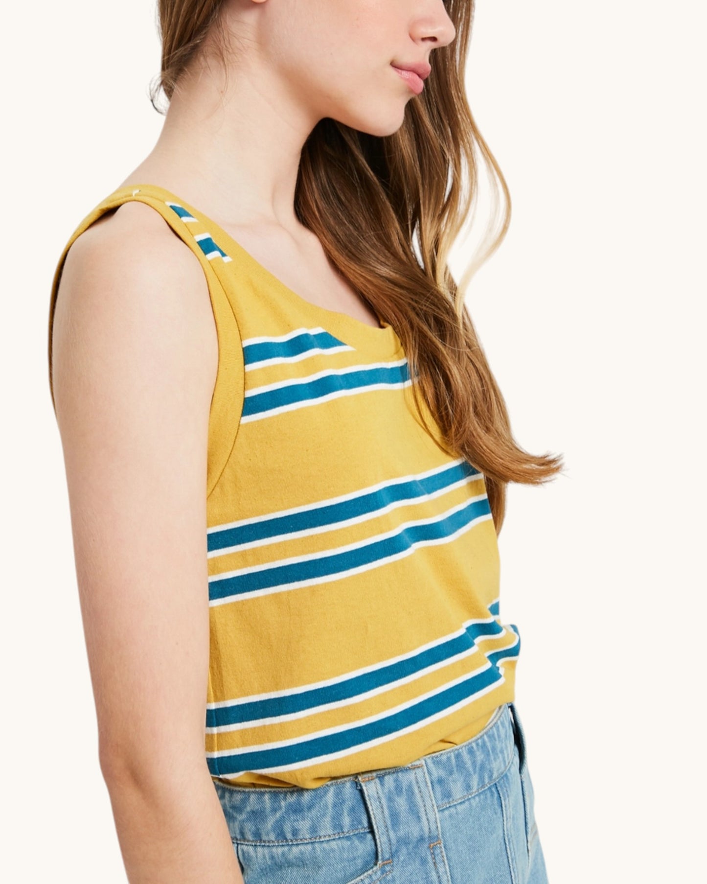 Side view of the Gold Coast Everyday Cotton Stripe Tank Top.
