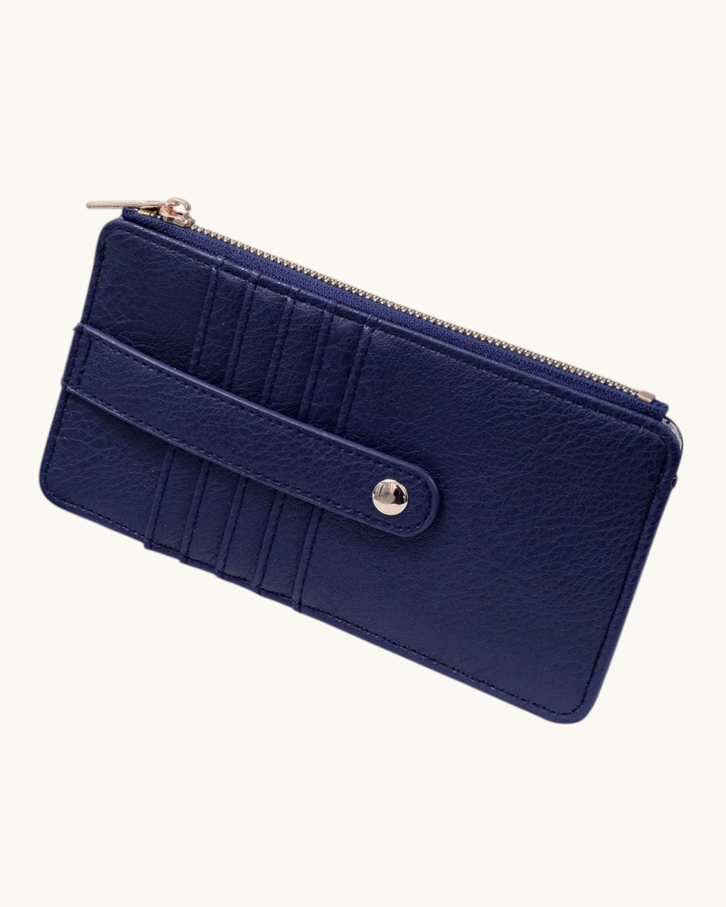 Navy wallet with a strap on a white background.