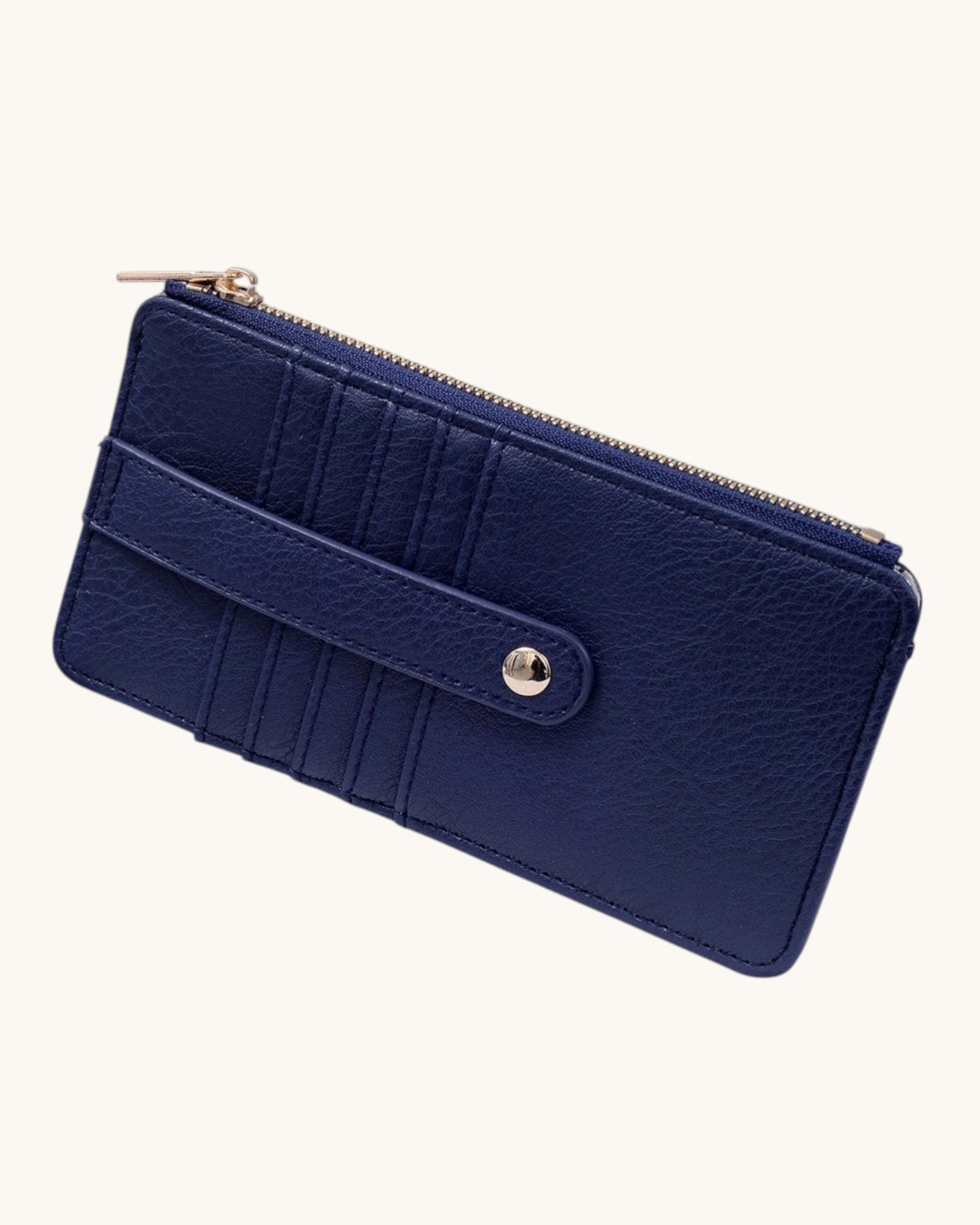 Navy wallet with a strap on a white background.