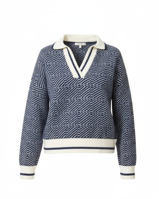 Varsity Navy Collared Knit Sweater in navy and ivory with geometric pattern and contrast trim with stripe.