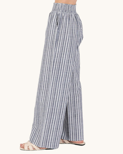 Linen Blend Striped Wide Leg Pants (Navy and Ivory)
