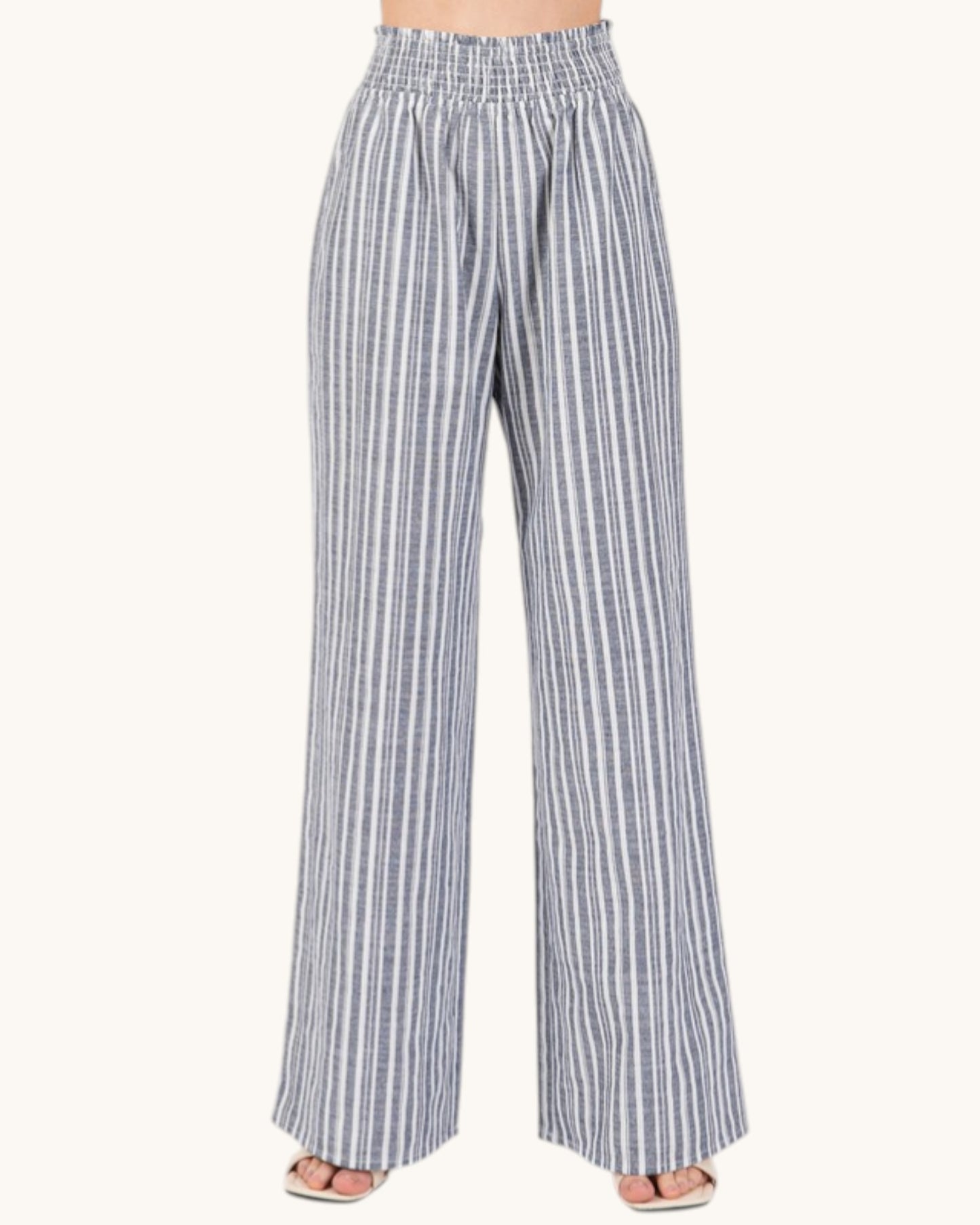 Linen Blend Striped Wide Leg Pants (Navy and Ivory)