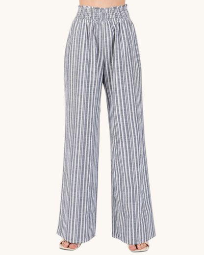 Linen Blend Striped Wide Leg Pants (Navy and Ivory)