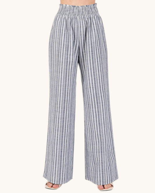 Linen Blend Striped Wide Leg Pants (Navy and Ivory)