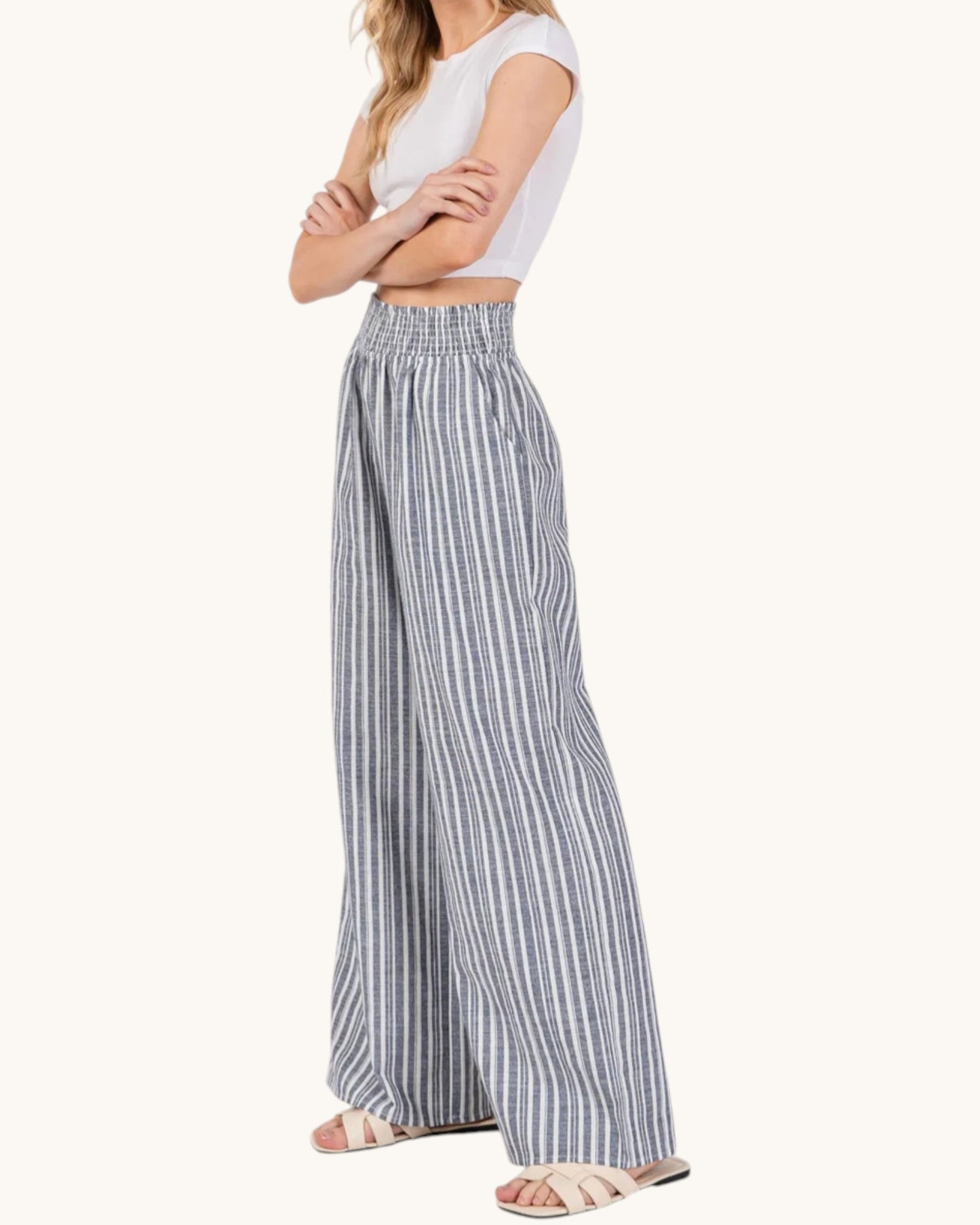 Linen Blend Striped Wide Leg Pants (Navy and Ivory)