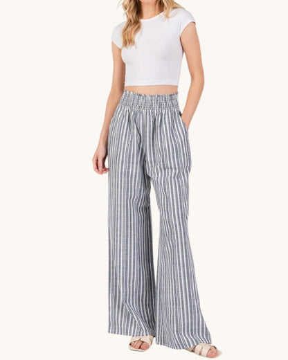 Linen Blend Striped Wide Leg Pants (Navy and Ivory)