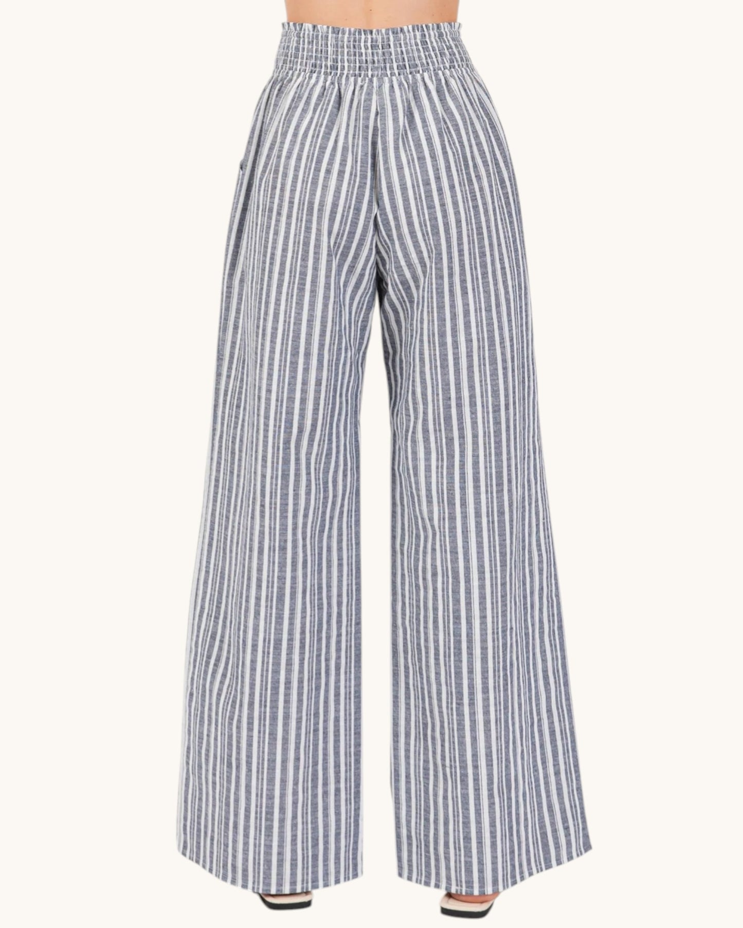 Linen Blend Striped Wide Leg Pants (Navy and Ivory)