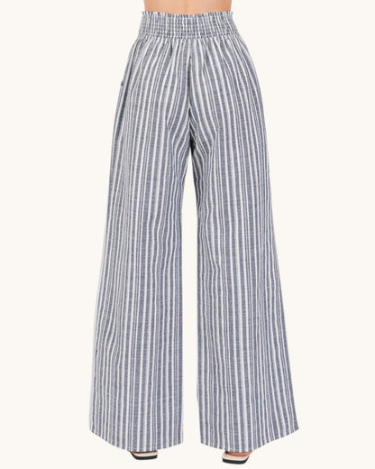 Linen Blend Striped Wide Leg Pants (Navy and Ivory)