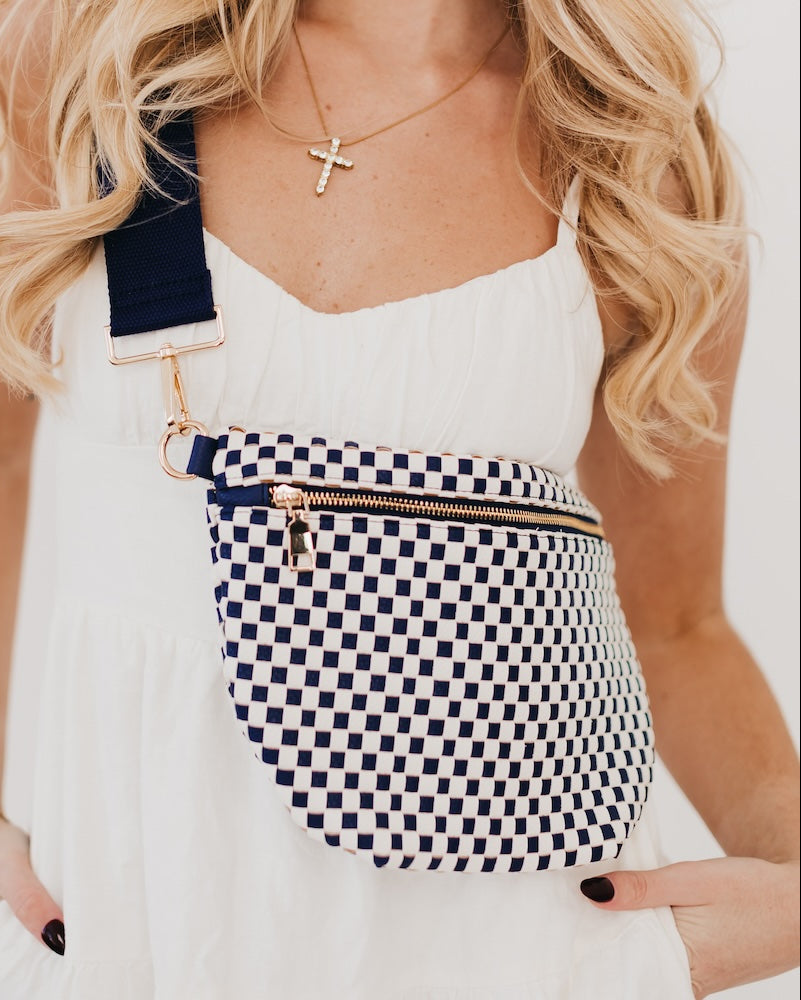 Navy Blue and Cream Woven Faux Leather  Bum / Crossbody Bag with checker pattern. 
