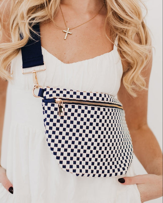 Navy Blue and Cream Woven Faux Leather  Bum / Crossbody Bag with checker pattern. 