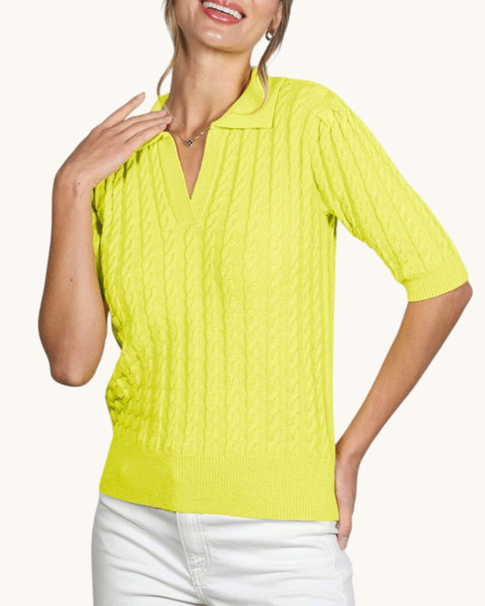 Citrus Pop Knit Polo Top in neon yellow with collared split neckline and cable knit pattern.
