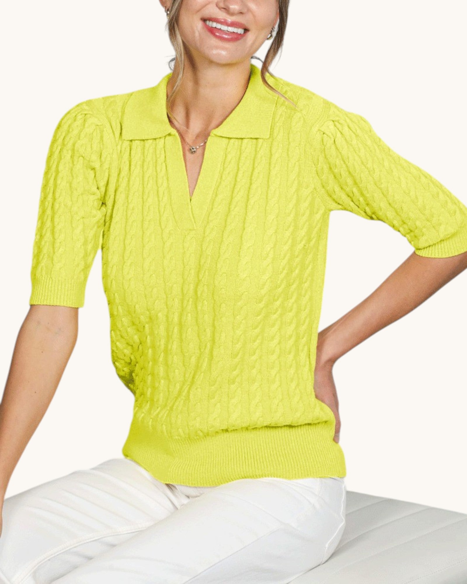 Relaxed fit neon yellow knit pullover top with polo-inspired collar detail.