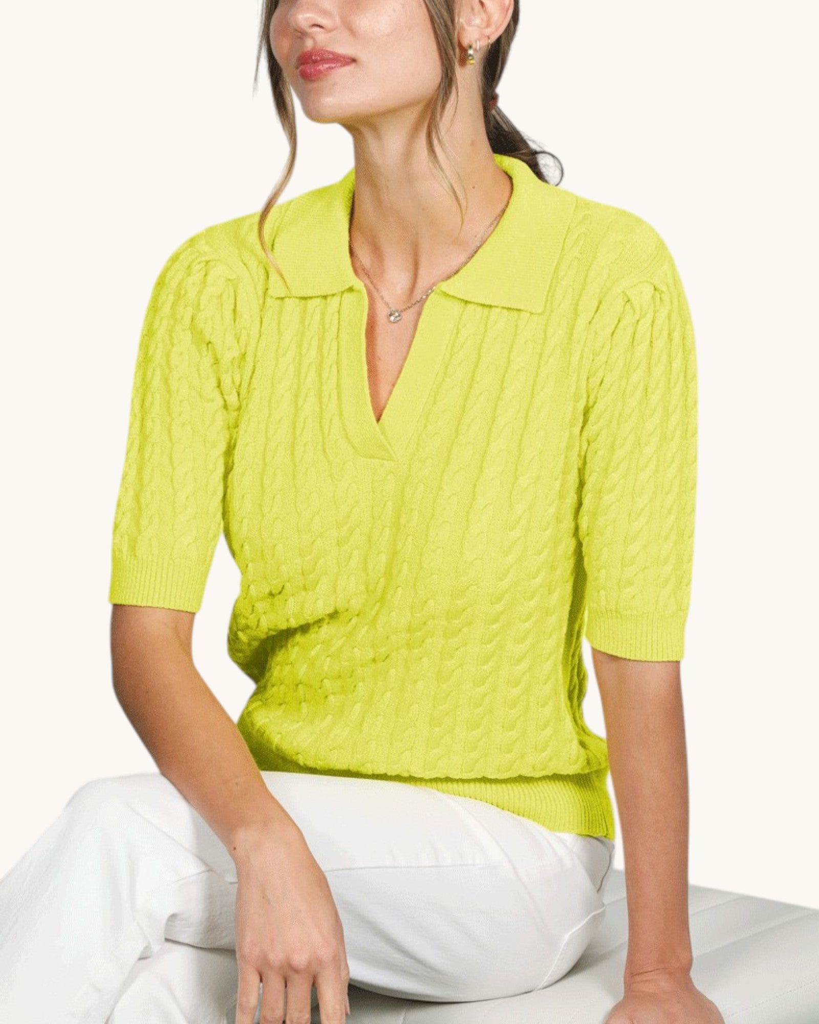 Citrus Pop Knit Polo Top — lightweight neon yellow cable knit with puff sleeves