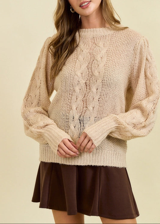 Oats & Honey Cable Pointelle Sweater with puff sleeves and soft knit texture.