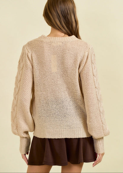 Oats & Honey Cable Pointelle Sweater with puff sleeves and soft knit texture.