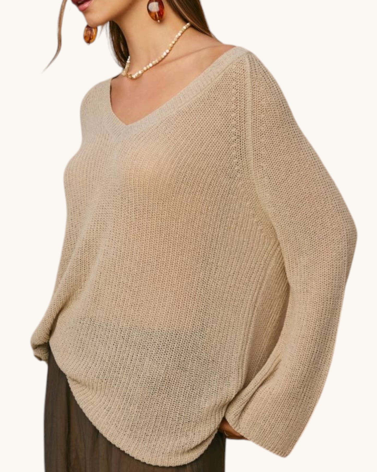 Oatmeal Lightweight Knit V-Neck Top