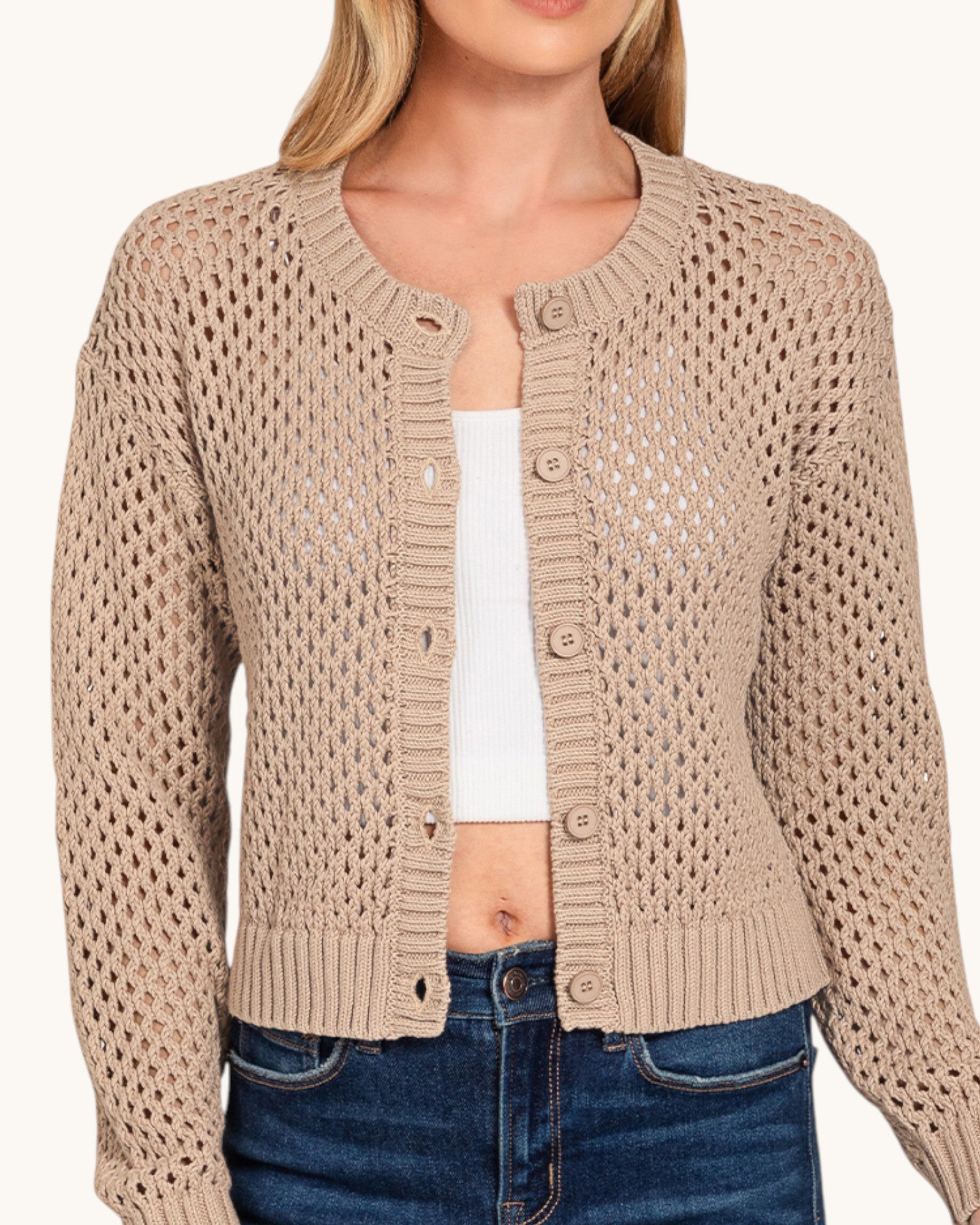Unbuttoned open knit crochet style long sleeve cardigan in Mocha.
