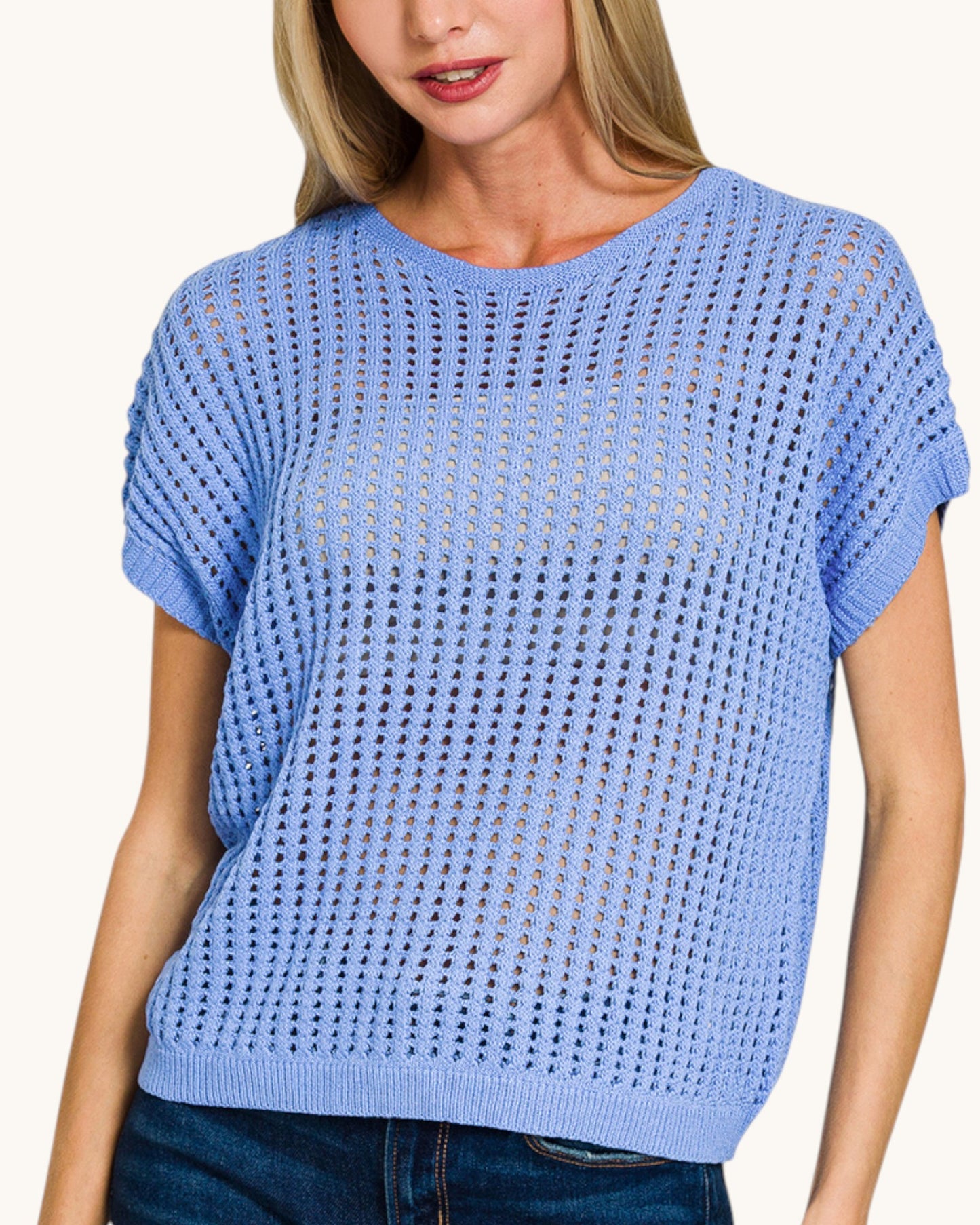 Open knit crochet short sleeve top in cornflower blue.