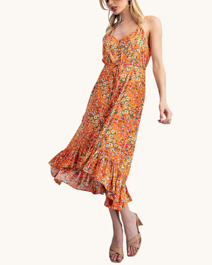 Floral and orange midi dress with bottom ruffle and spaghetti straps.