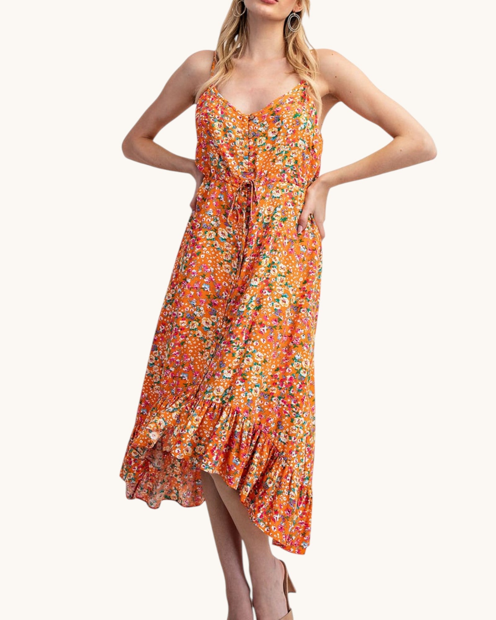 Prairie Bloom Orange Midi Dress
