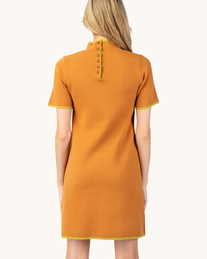 Back view of a model wearing a ginger short sleeve mock neck mini sweater dress with button up back.
