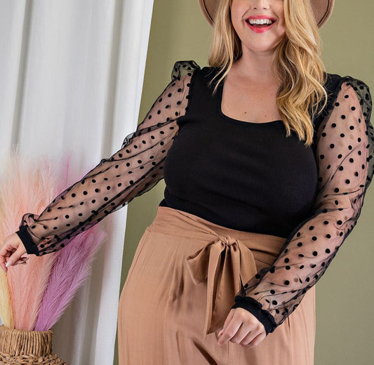 Curvy Black Polka Dot Long Sleeve Top