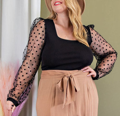 Curvy Black Polka Dot Long Sleeve Top