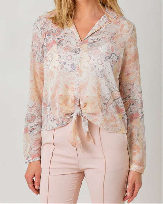Semi-sheer pastel paisley tie-front blouse with V-neck and hi-lo hem.
