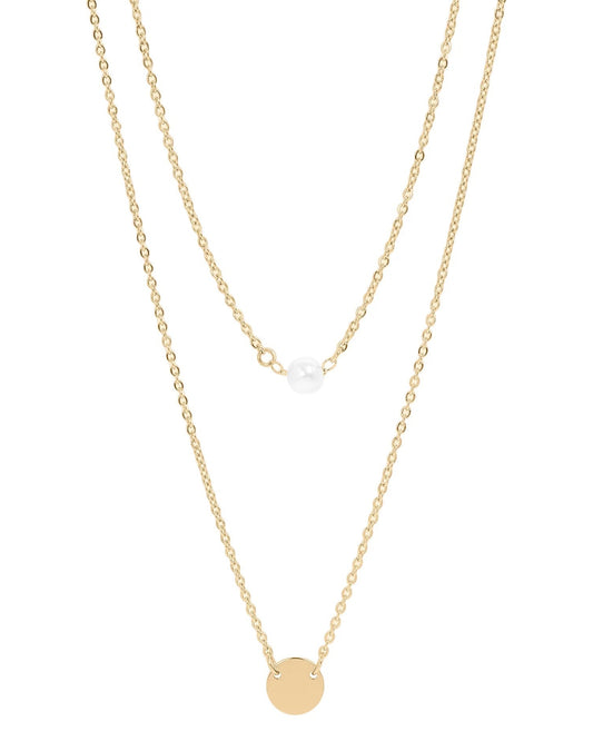 Gold waterproof pearl and disc layered necklace with delicate chains.