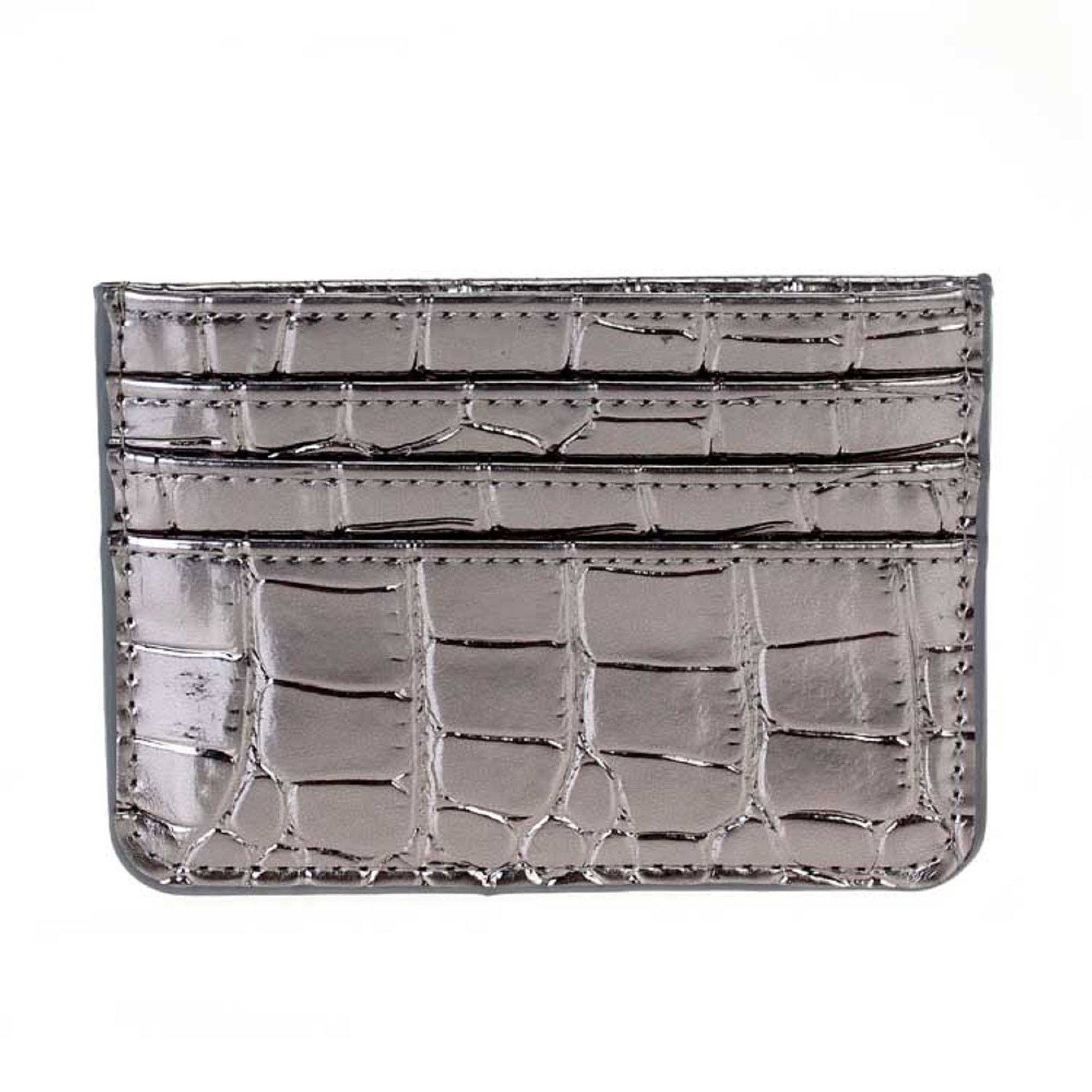 Pewter Crocodile embossed slim vegan leather wallet with 4 card slots.