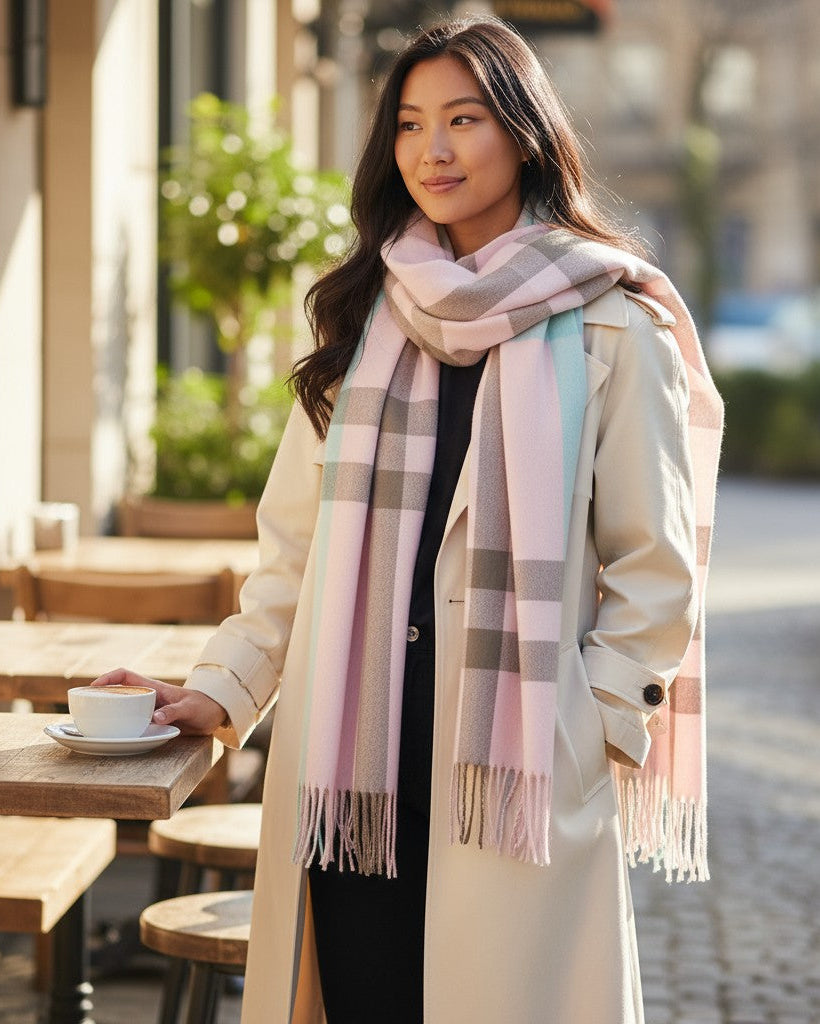 Woman wearing a pink plaid cashmere scarf outdoors near a cafe.